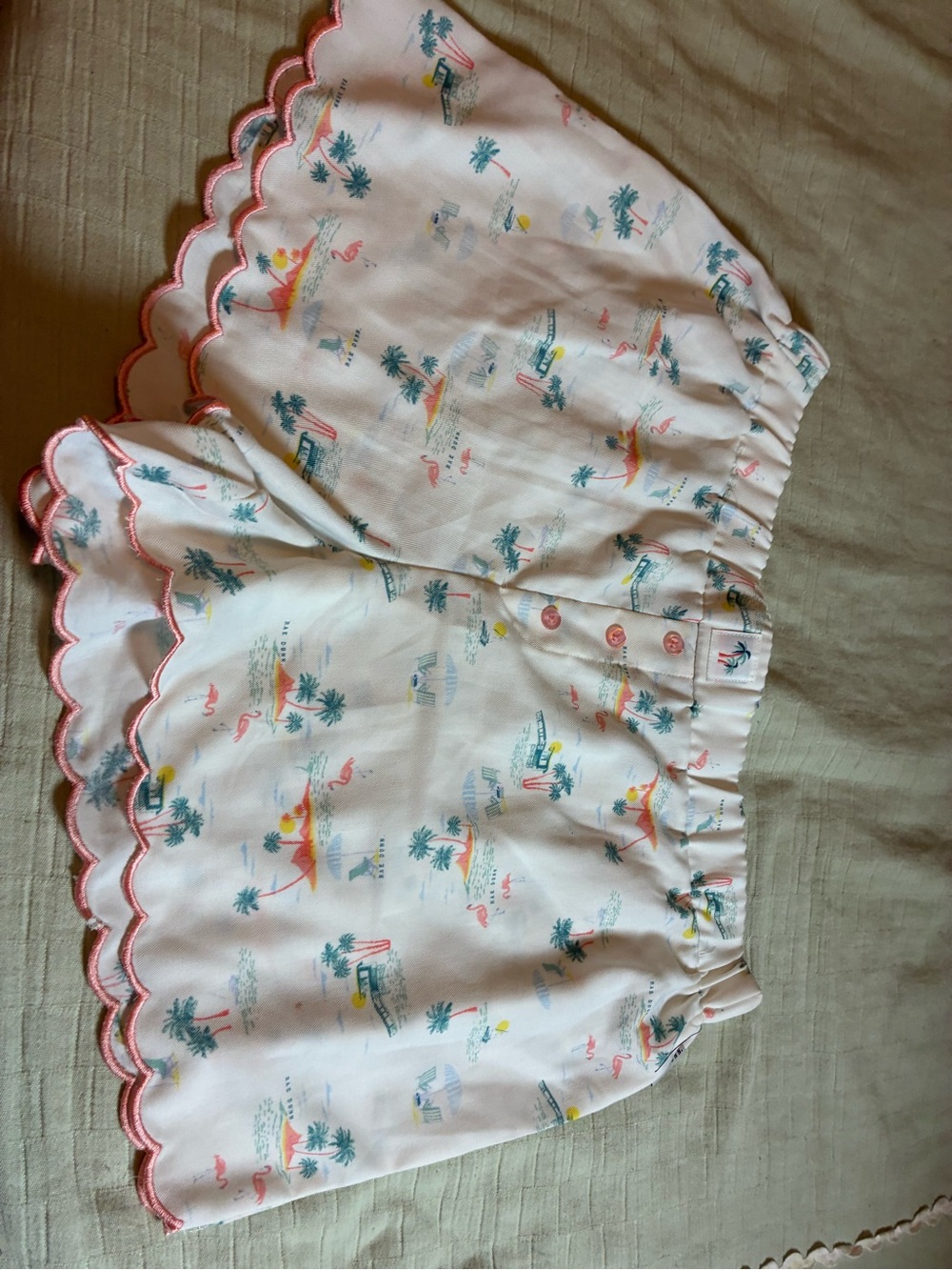 Rae Dunn Cream High-Waist Tropical Scallop Shorts with Pink Trim